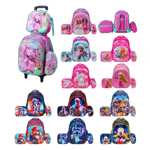 KIT MOCHILA INFANTIL PERSONAGENS C/ RODINHA